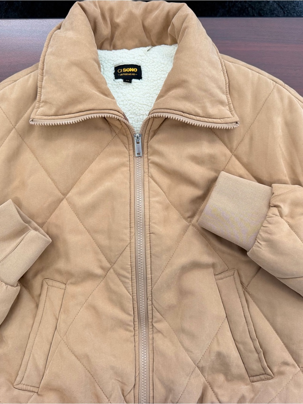 Ci Sono Women’s Quilted Sherpa-Lined Jacket – Tan/Camel – Size M